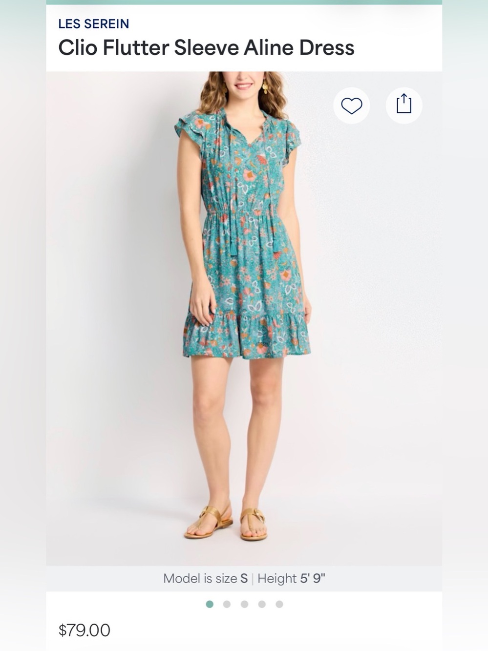 Les Serein Teal Floral Flutter-Sleeve A-Line Dress